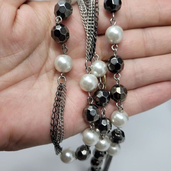 Express‎ Layered Opera Necklace Gunmetal Faux Pearl 38" - Picture 5 of 5